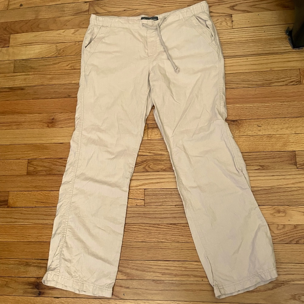 🎯NWOT Eddie Bauer Linen Drawstring Cotton wide trousers coastal tan pullover M